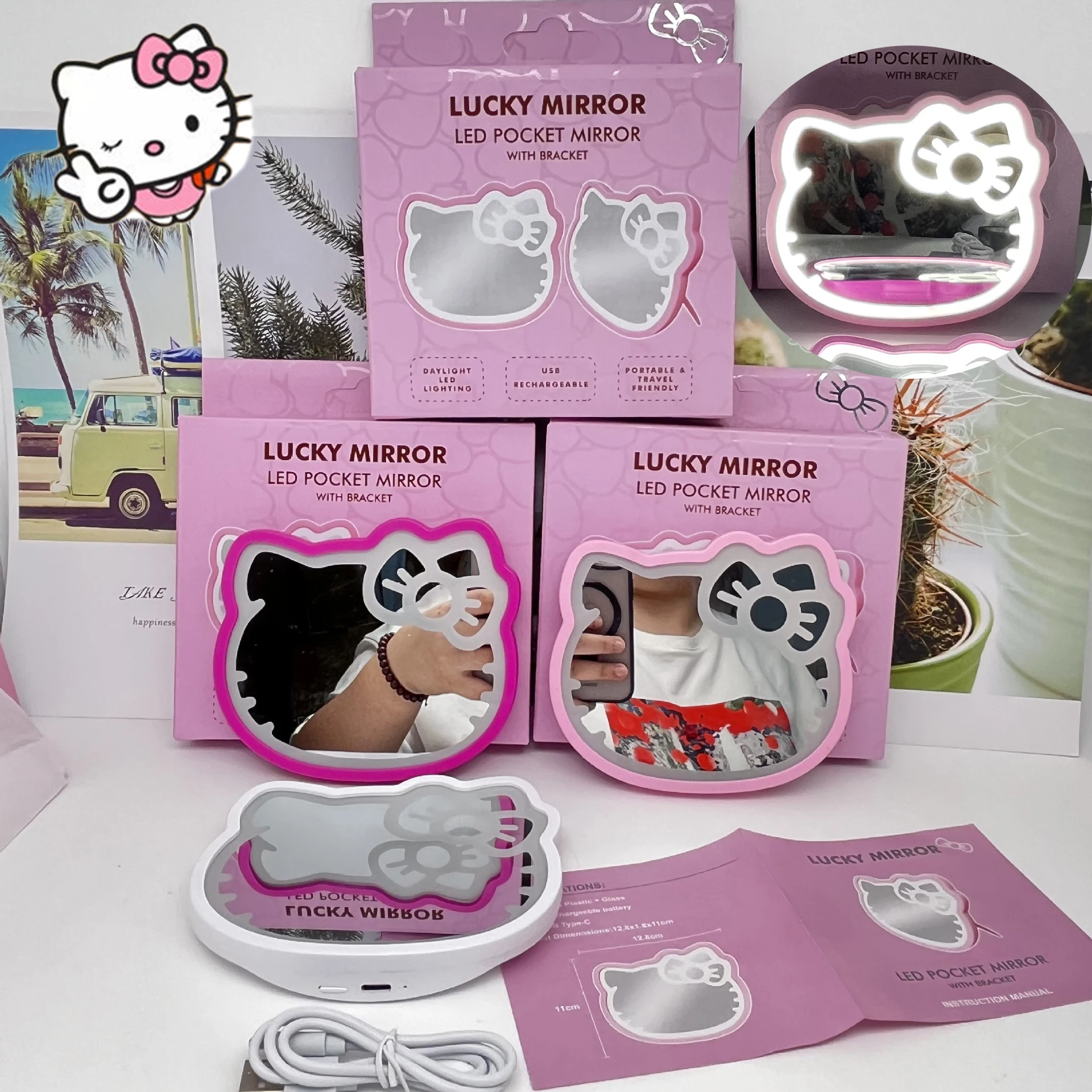 Sanrio Mirror Hello Kitty Anime Desktop Cosmetic Mirror Kawaii Portable Folding Mirror Usb Charging Cold Light Mirrors Girl Gift