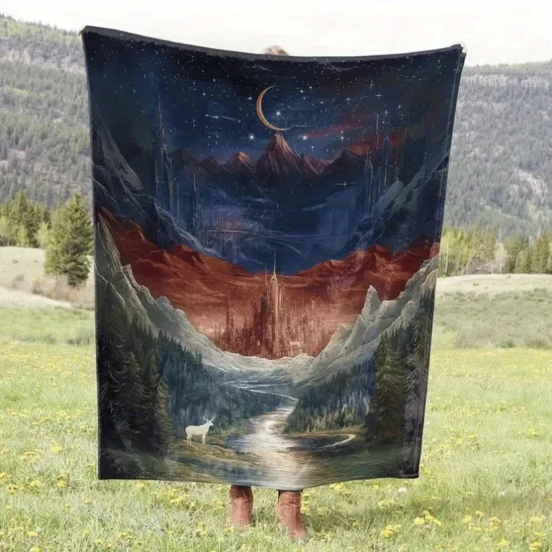 

Lunar City Throne Blanket - Fantasy Celestial Design, Soft Flannel for Sofa/Bed/Camping, Perfect Book Lover Gift