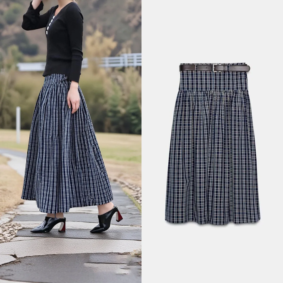 

Women's High-waist Plaid Midi Skirt Autumn Winter Fashion Belt Cinched Dress Collegiate Style Ankle-length A-line Petticoat