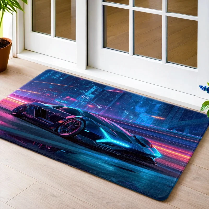 [2D Flat] Cyberpunk Running-Themed Flannel Floor Mat, Rubber Base, Suitable for Living Room, Bedroom, Office, Bathroom, Balcony, Hallway, Porch, Kitchen