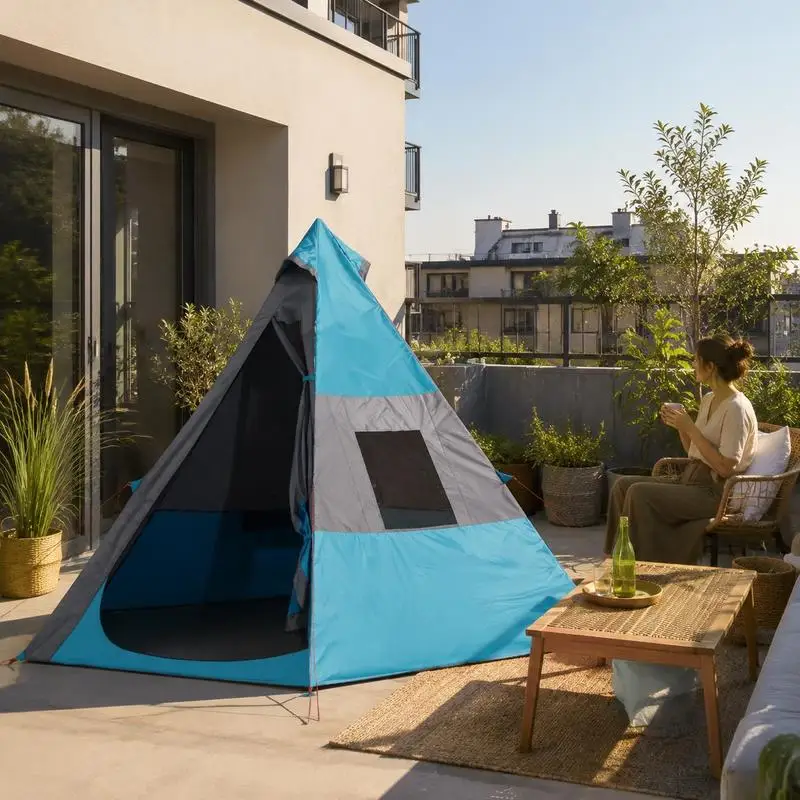 Tente de camping tipi pour 7 personnes, bleue, imperméable. Idéale pour la randonnée en banlieue, le camping en bord de lac et les séjours de nuit en bord de mer, avec une excellente performance d'étanchéité.