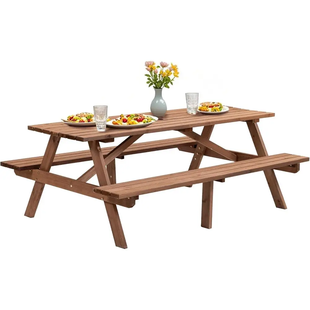 

Деревянный стол для пикника в деревенском стиле на 6-8 человек со скамейками и отверстием для зонта, для улицы, двора, патио и террасы, коричневый