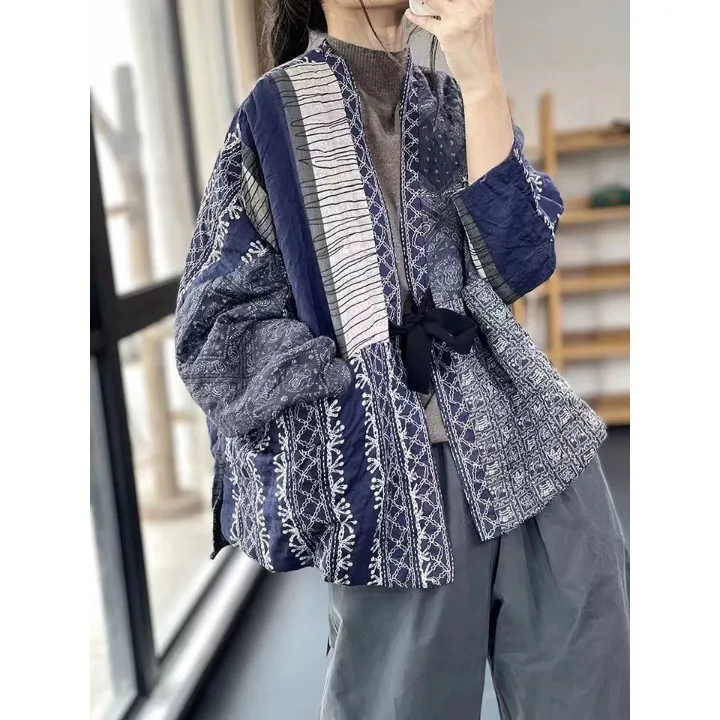 Retro Fashion Print Color Block Cotton Cardigan Women's Winter Warm Coat Loose Cotton Top Trendy Cotton Jacket