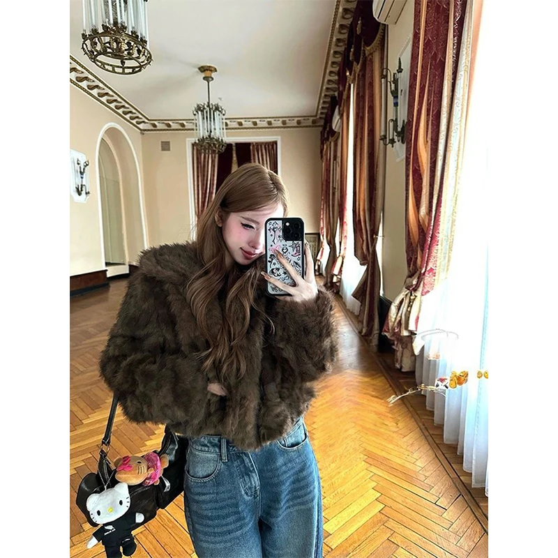 MEXZT Cropped Faux Fur Coat Women Vintage Quilted Fluffy Jacket Winter Streetwear Korean Long Sleeve Warm Furry Outerwears New
