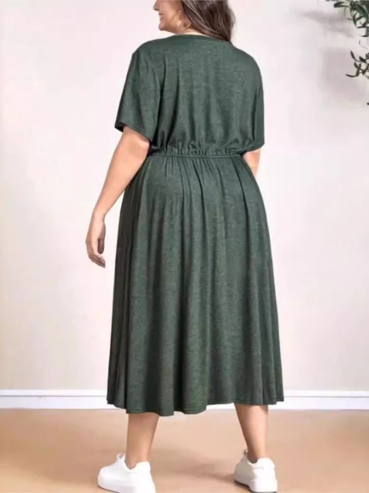 Plus Size Summer Pullover Midi Dress Women Loose Ruffle Pleated Fashion Short Sleeve Ladies Dresses Casual A-Line Woman Dress