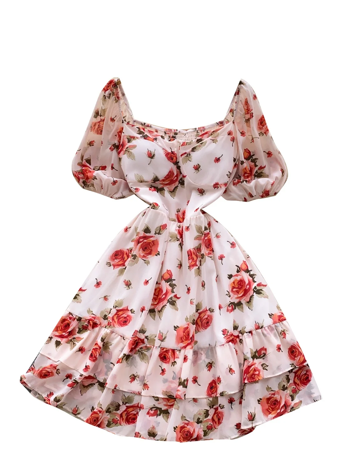 Romantische Blumen Druck Puff Sve ort Dr frauen Sommer Abnehmen Hohe Taille A-linie Rock Koreanische Sle Pendeln Dr