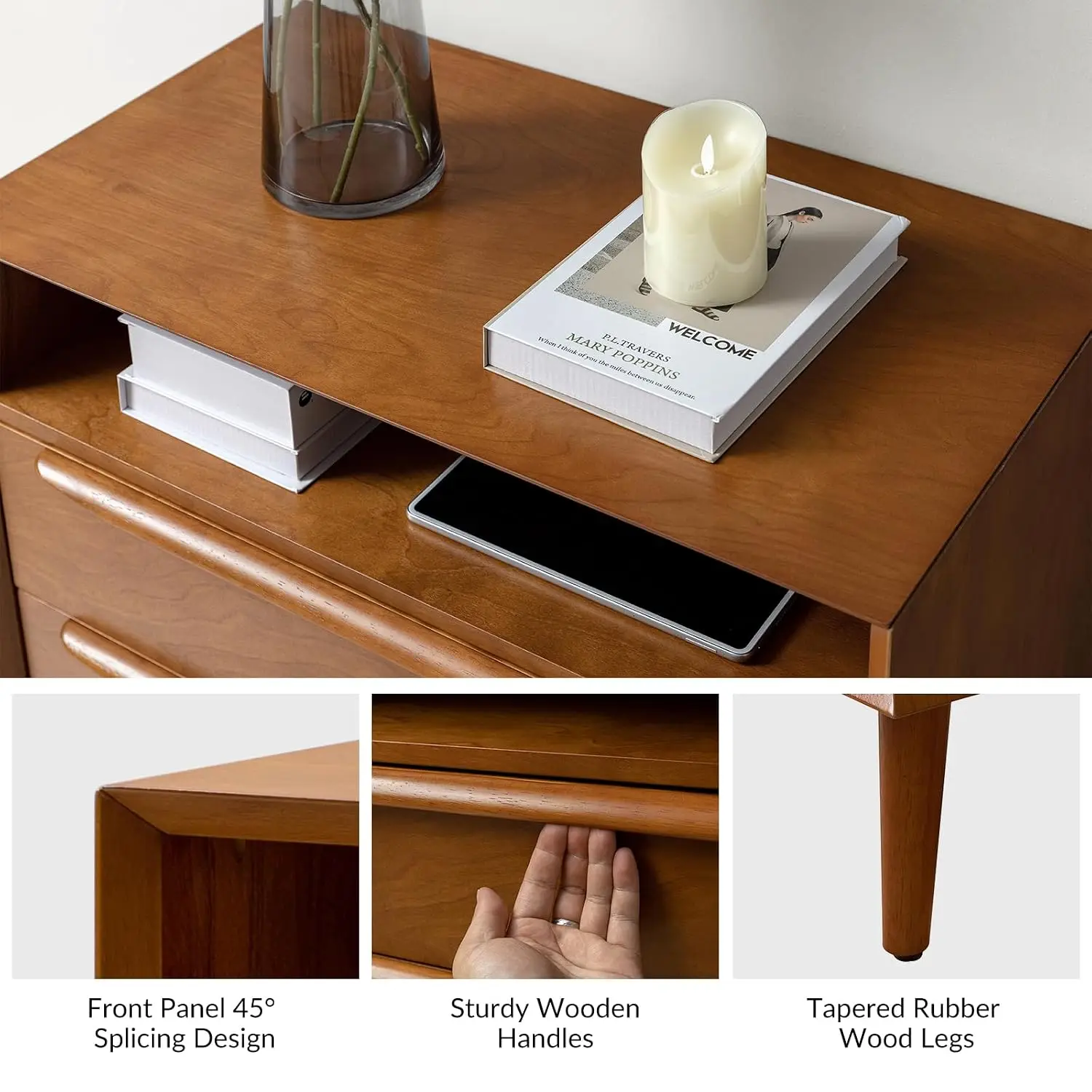 End Table with Charging Station, Mid-Century Modern 2 Drawer and Open Shelf, Fluted End Table（Acorn, Set of 2）, Custom - view 5