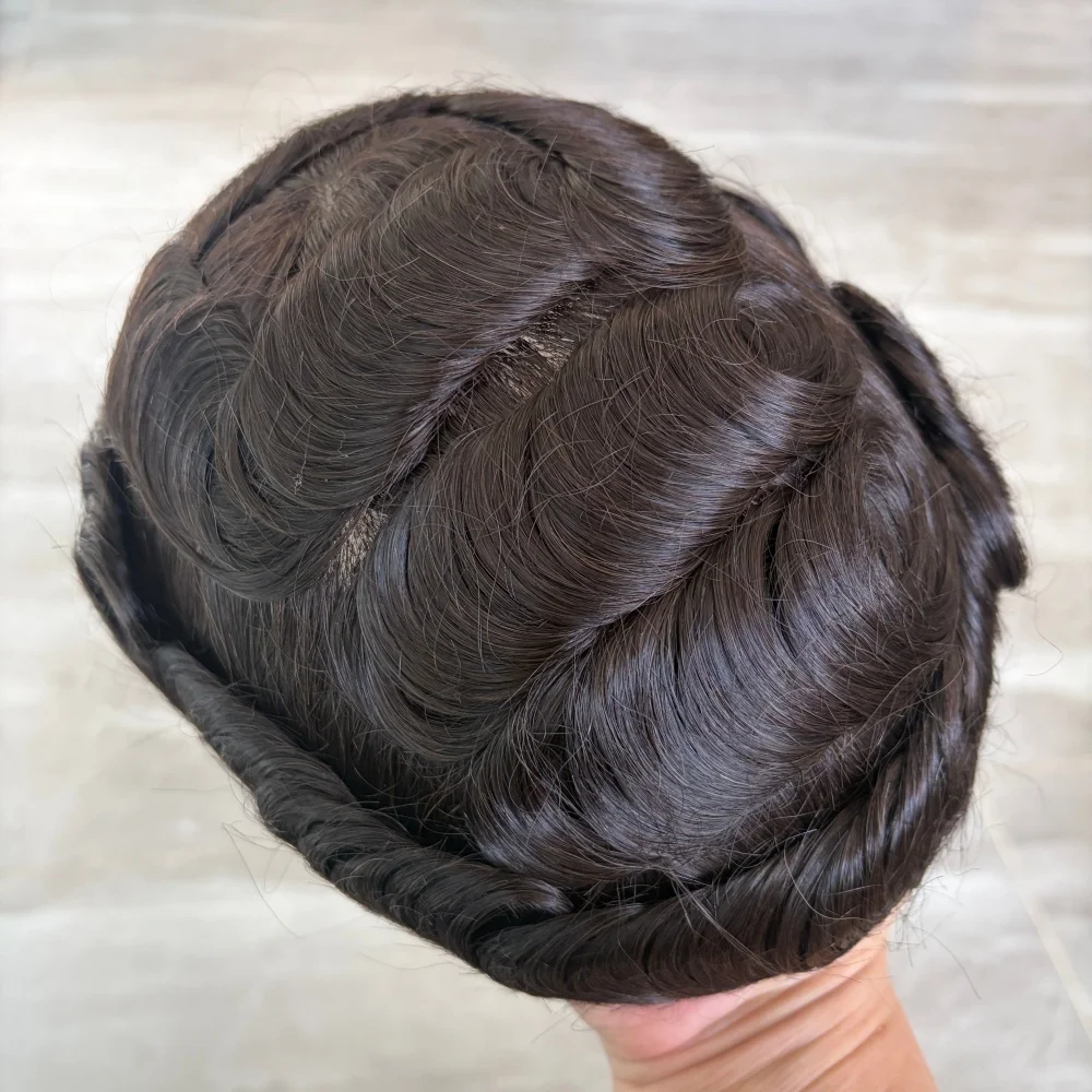 Breathable Male Toupee Durable 0.1mm Injection PU Skin #2 Wavy Straight 100% Indian Human Hair Men Hair Replacement Prothesis