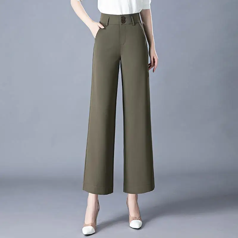 Pantalones de traje de verano con temperamento para mujer, cintura elástica, botón, moda informal, suelto, cintura alta, pierna ancha recta, hasta