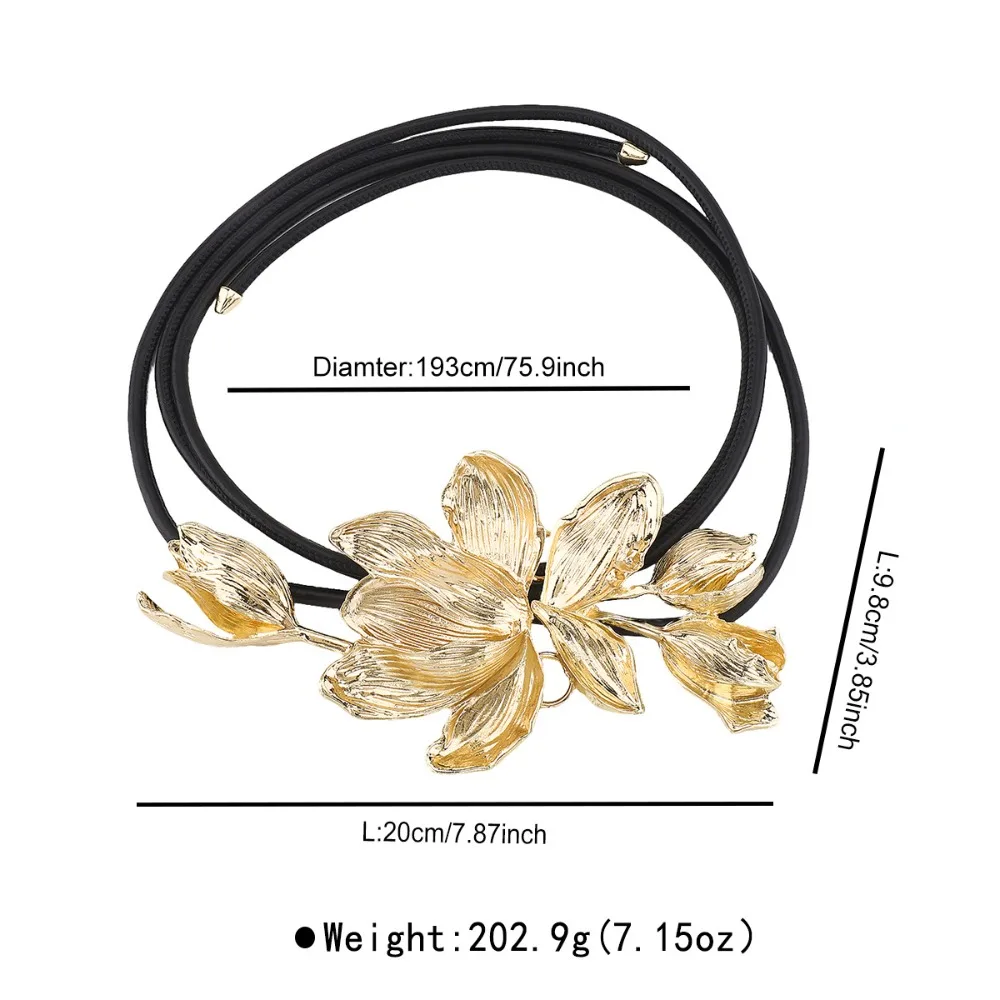 패션 빈티지 튤립 허리 체인 대형 우아한 합금 꽃 벨트 무타공 심플 PU 가죽 로프 벨트 바지용