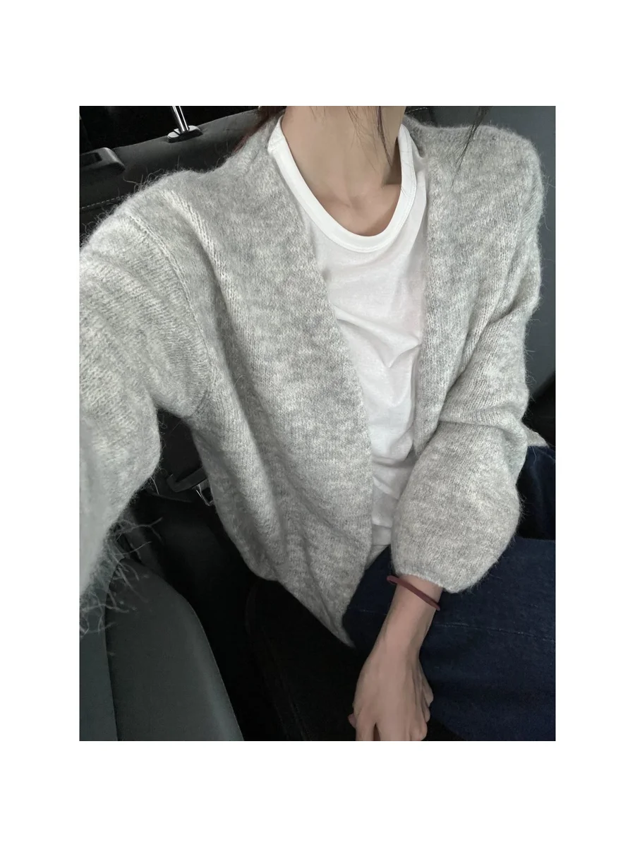 Soft Korean Style Grey Knitted Open Cardigan Women's Loose Fit Autumn Outerwear Comfortable Lazy Fashion Top