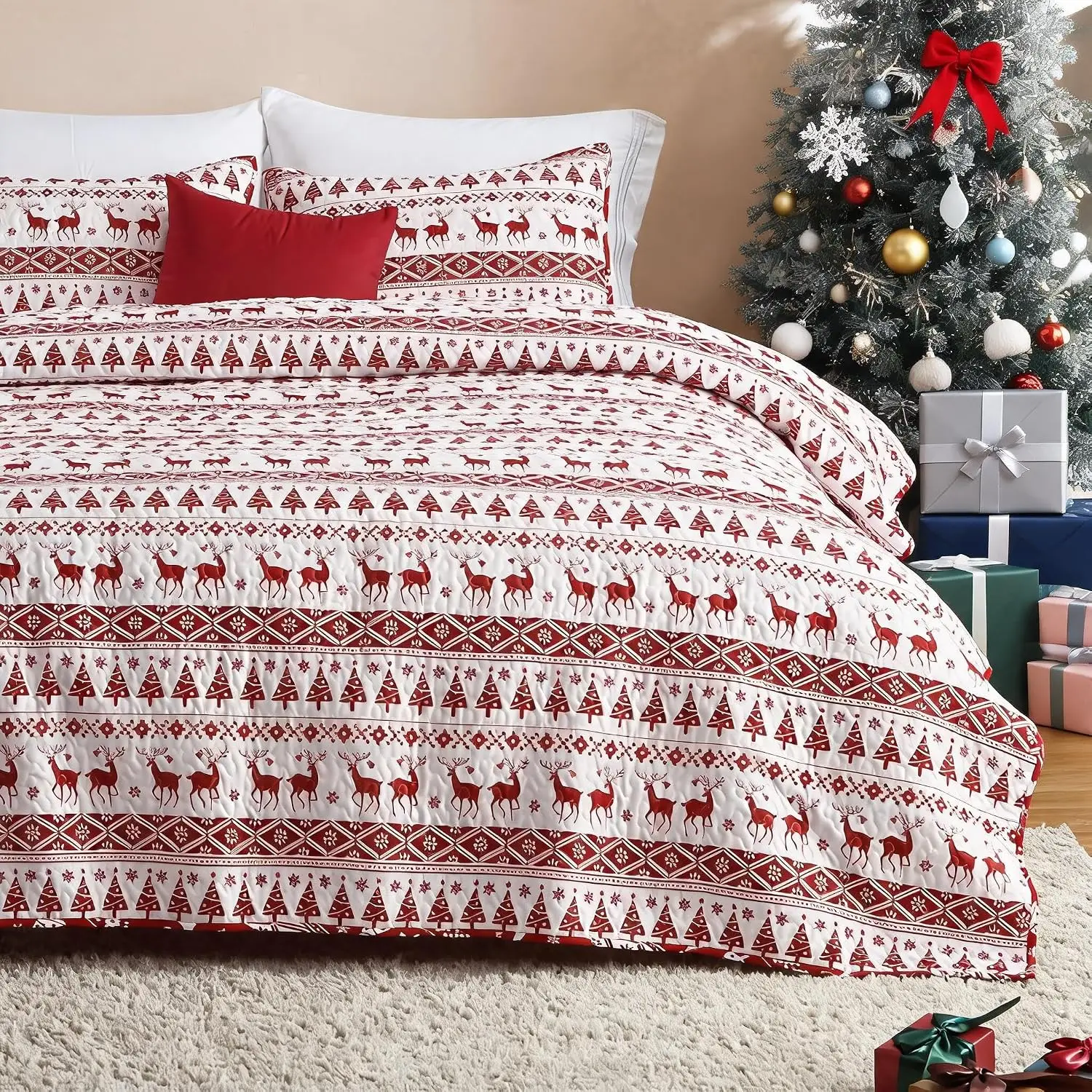 3PCS Christmas Quilt Set King/Queen Size Quilt Set Winter Blanket for Bed Soft Warm Snowflake Fleece Sleeping Blankets Bedroom Dormitory Duvet Covers