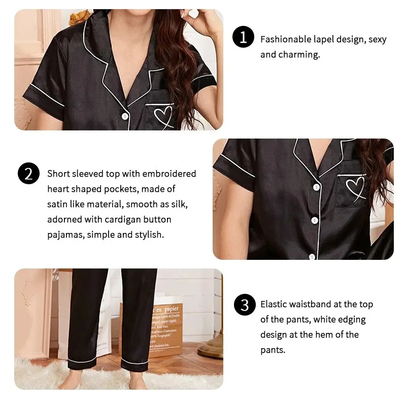 Women\'s Pajama Pocket Heart Embroidered Pajama Set Satin Comfortable Short Sleeve Button Pajama Lounge Pant For Women Sleepwear