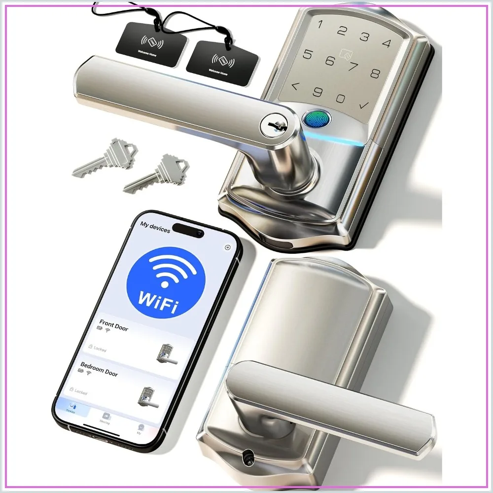 

WiFi Smart Lever Lock, Fingerprint Keyless Entry Door Lock with Handle, Remote App Control, IP65 Waterproof, Satin Nickel