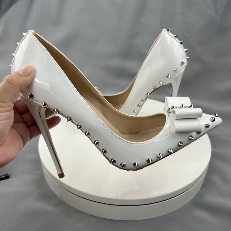 Tikicup White Patent Women Pointy Toe High Heel Shoes With Bow Sexy Spikes Rivets Stiletto Pumps For Party 8cm 10cm 12cm