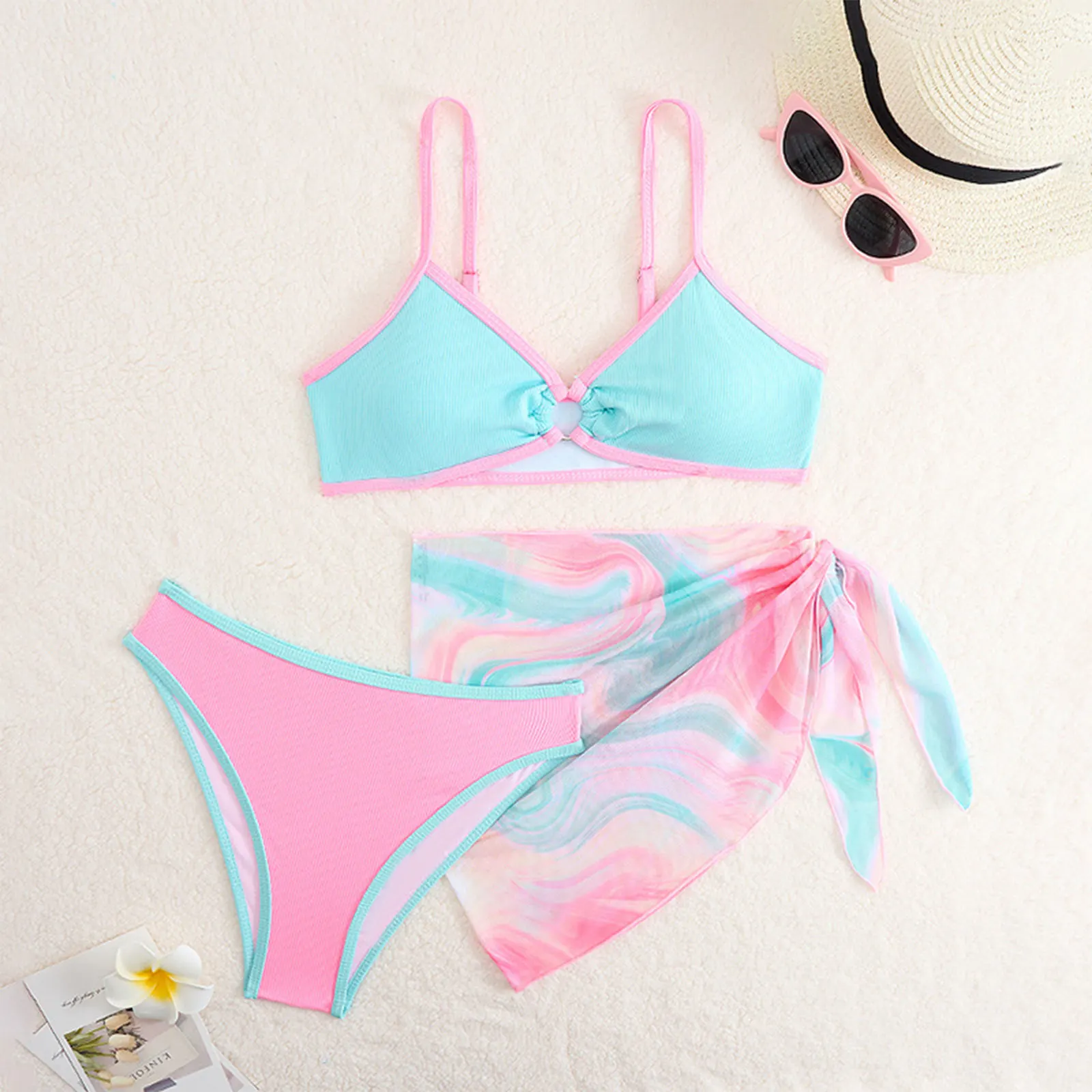 

Girls Bikini Set with Beach Cover Up Mesh Skirt V Neck Front O-ring Removable Chest Pads 3Pcs Swimsuit Beachwear Bathing Suit