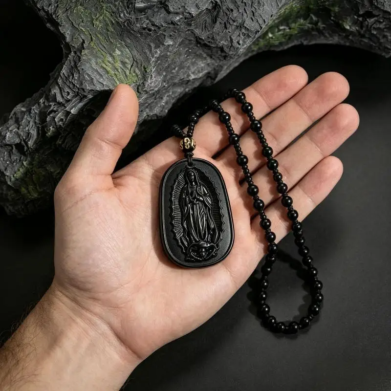 Imitation Obsidian Carved Statue Pendant Necklace For Men Women Religious Personality Jewelry Accessories Gift