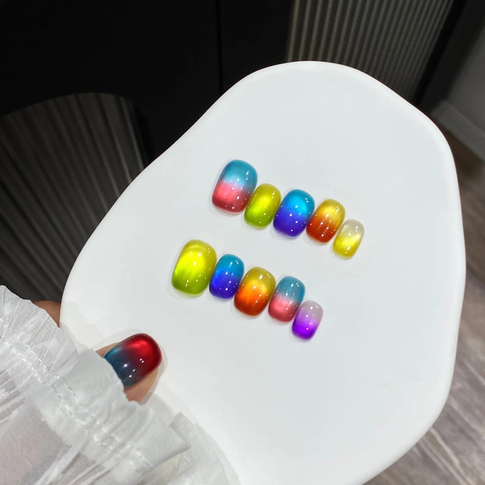 

10pcs Handmade Press on Nails Rainbow Candy Glass Bead Cat's Eye Full Coverage Nail Tips for Women&Girl Removable Wearable Nail