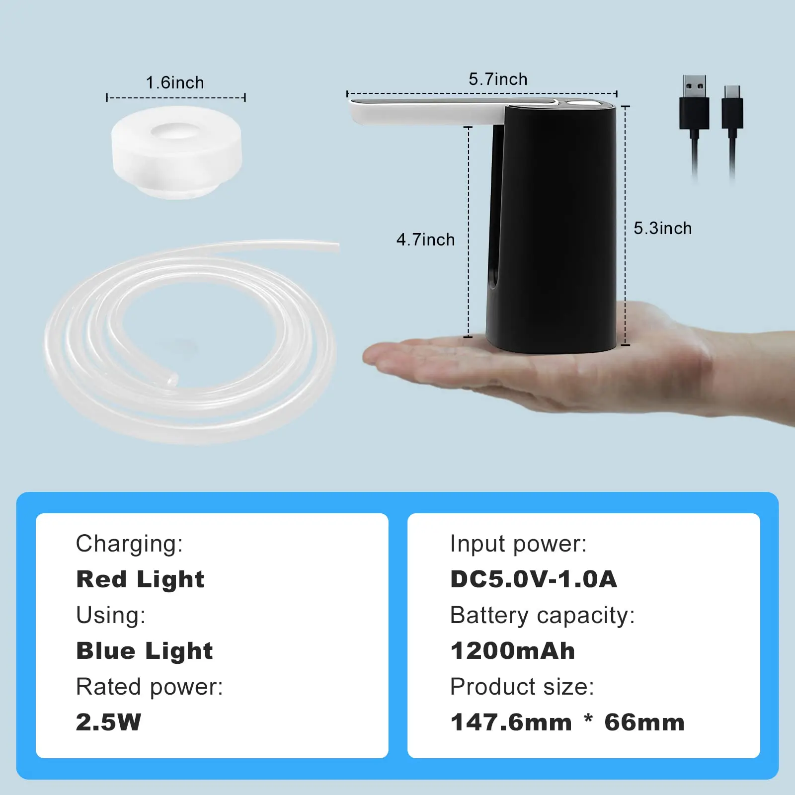 5 Gallon Water Pump Dispenser - Electric Water Bottle Pump For Drinking, Portable USB Charging Water Jug Dispenser Pump
