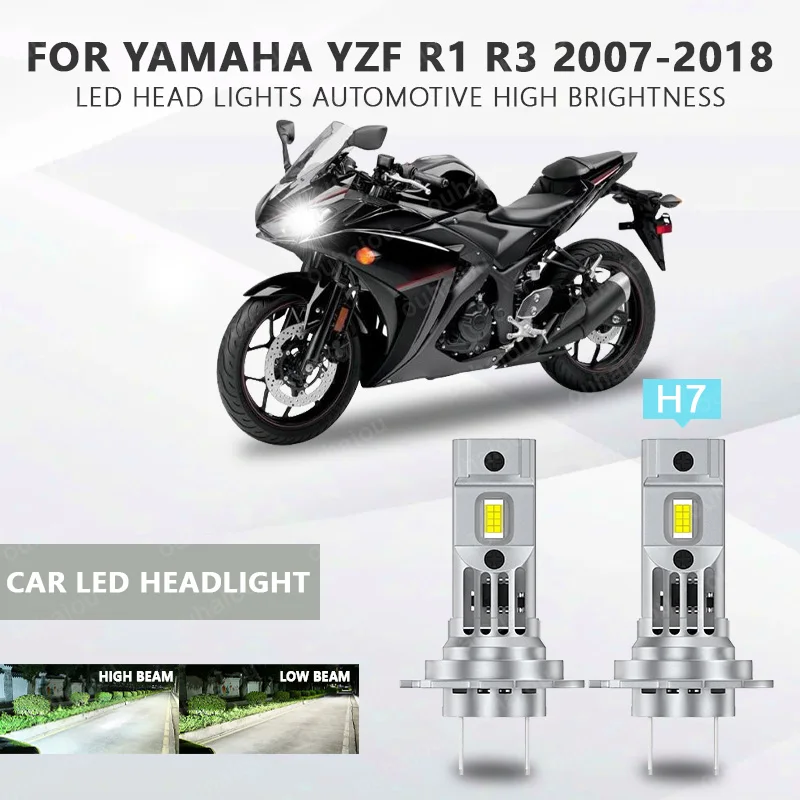 

2PCS Motorcycle H7 LED Headlight Bulbs Kit For Yamaha Yzf R1 R3 2007-2018 Low/High BEAM 6000K Plug and Play 12V H7 60W