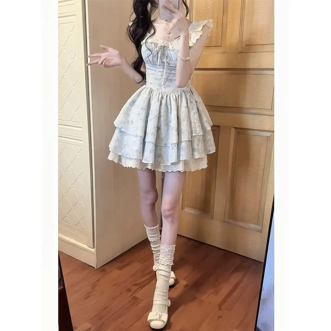 

Летнее платье MAGOGO в деревенском стиле, нежное, приталенное и стройнящее, с цветочным принтом, короткими рукавами и завышенной талией, в стиле лолита.