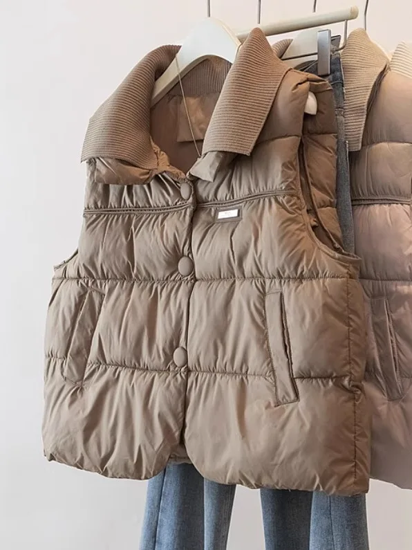 

Женский вязаный жилет с воротником из хлопка, большие размеры, зимняя верхняя одежда, модный, для многослойных образов