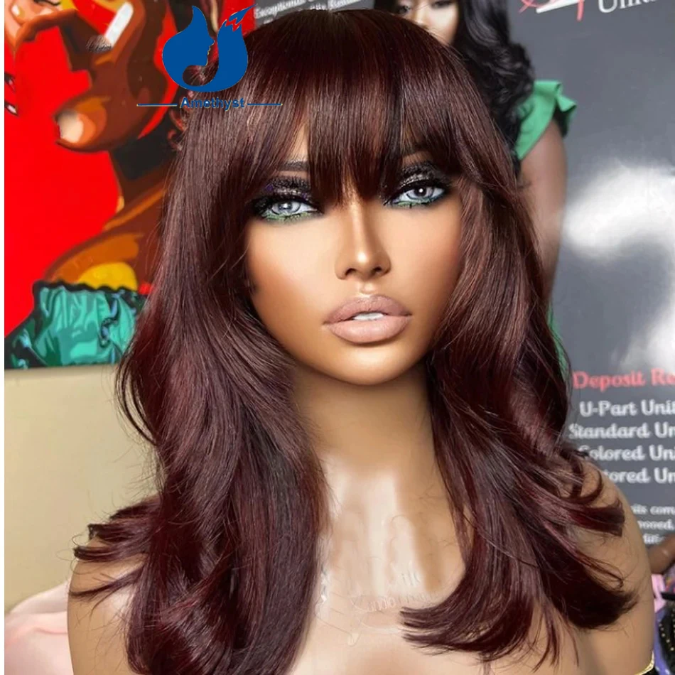 

Amethyst 99J Red Human Hair Wig Short Bob Wig With Bangs Scalp Top Full Machine Wig Burgundy Wave Glueless Brazilian Remy Hair