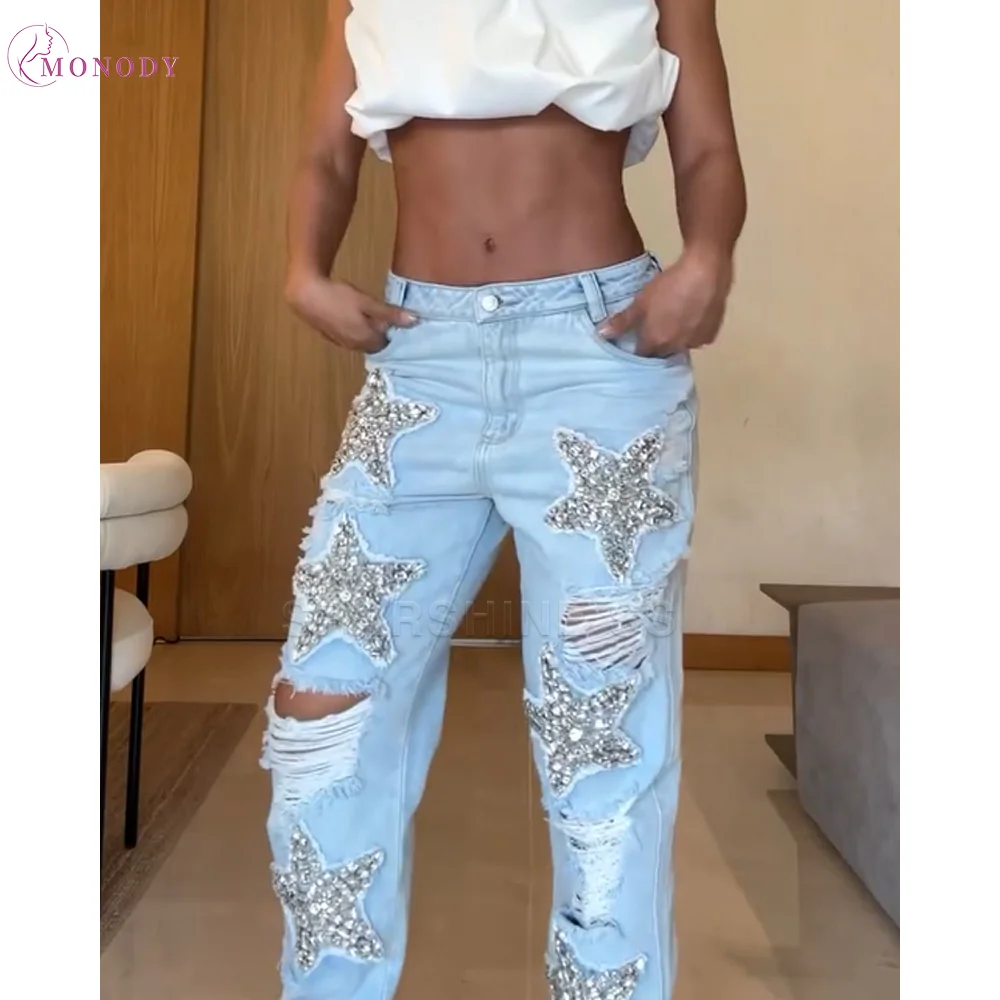 

Star Diamond Ripped Casual Jeans for Women Trendy Light Wash Distressed Denim Pants with Destroyed Holes Slim Fit Streetwear
