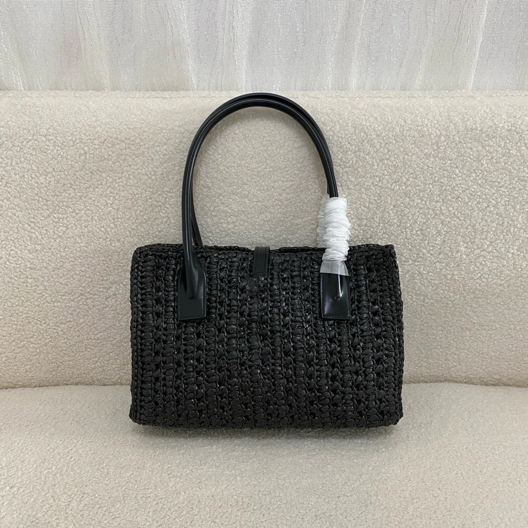 Summer bag Raffia Grass Woven Handbag - Black Chic Design with Wide Strap & Short Shoulder Chain, Textured Grid Pattern