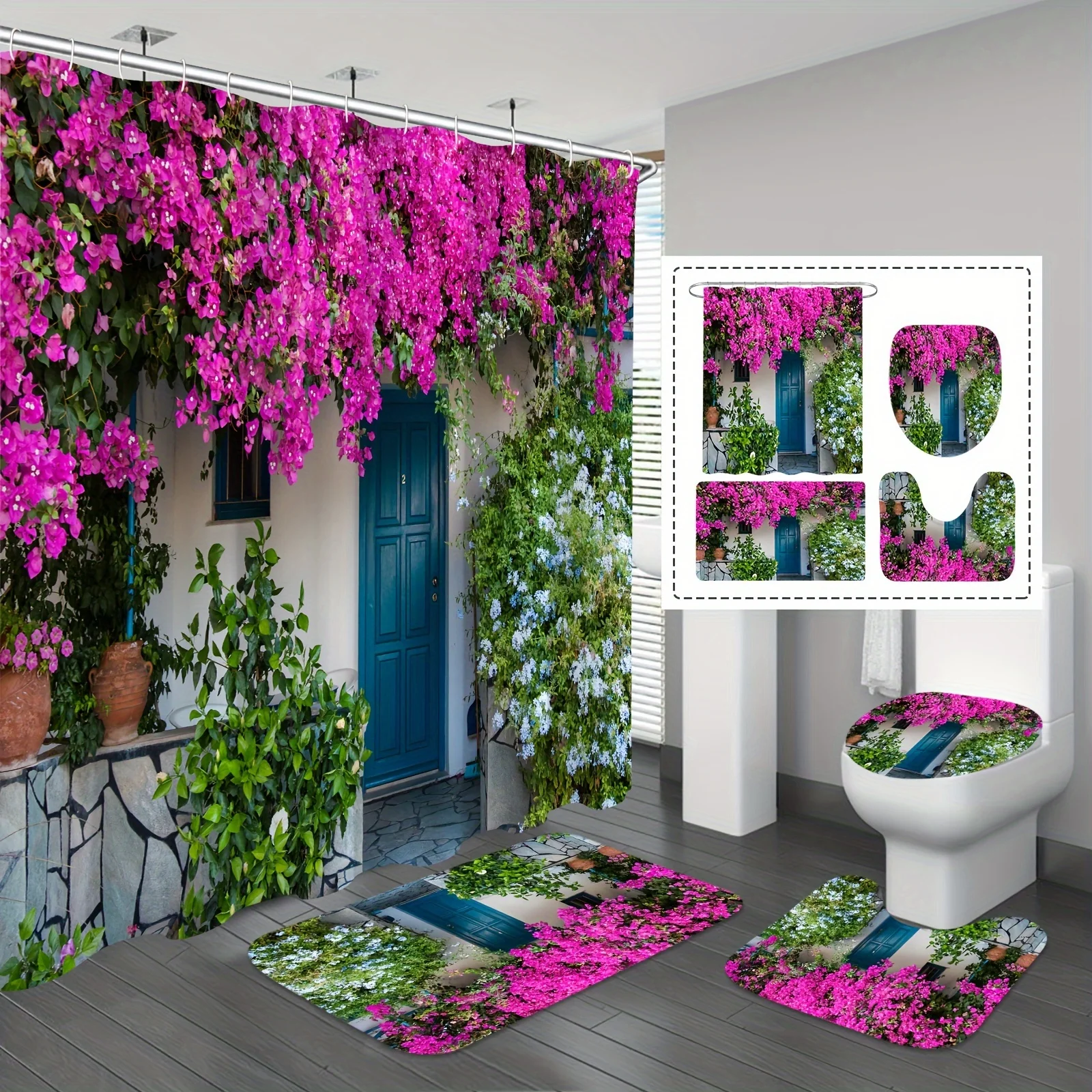 Vibrant Floral Village Bathroom Four-Piece Set - Featuring a Stunning Design with Lush Pink Flowers and Rustic Architecture