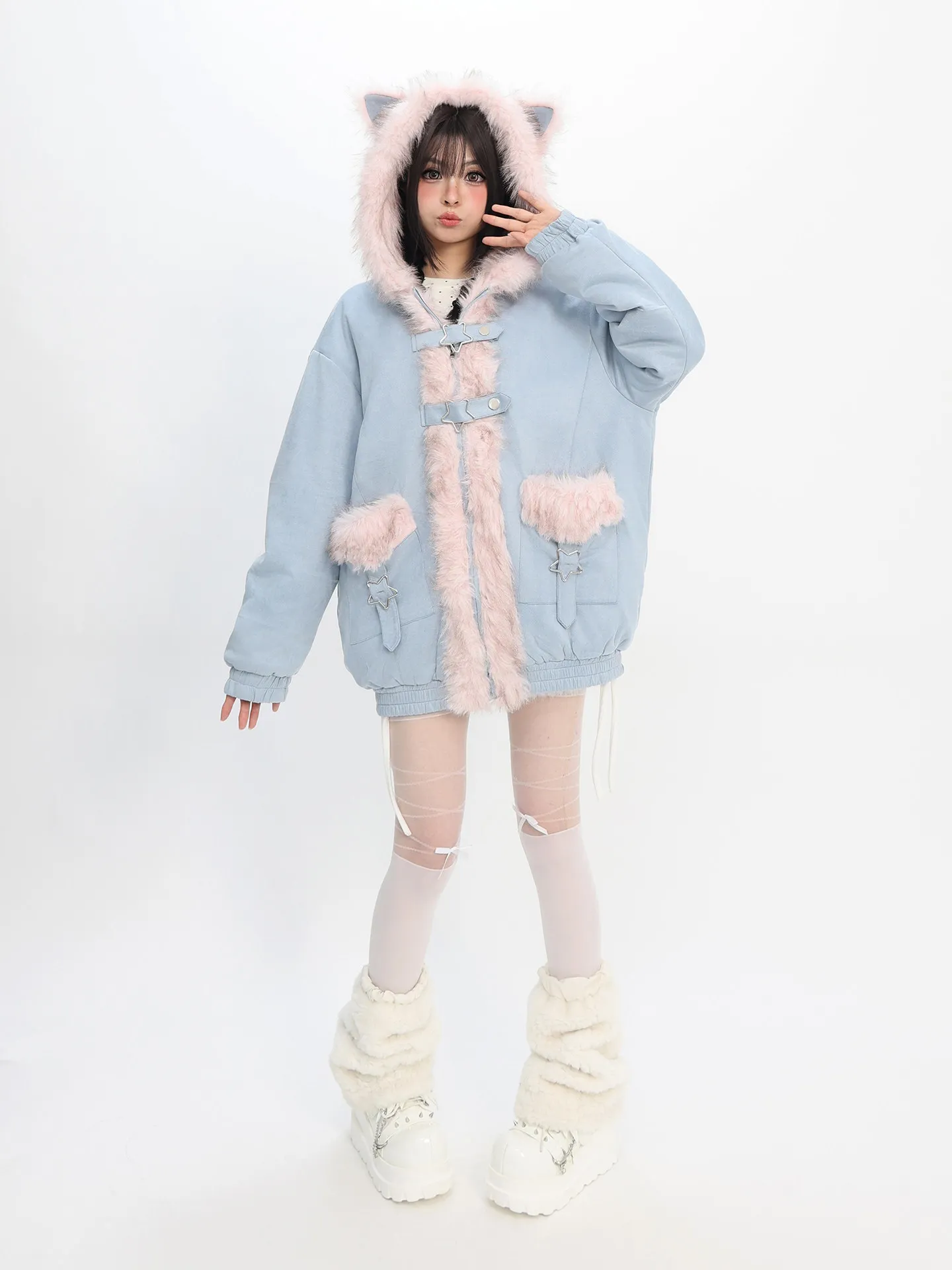 Women Reversible Cat Ears Hooded Faux Fur Jacket Sweet Warm Thick Winter Coat Yozed Loose Fluffy Outerwear for Girls