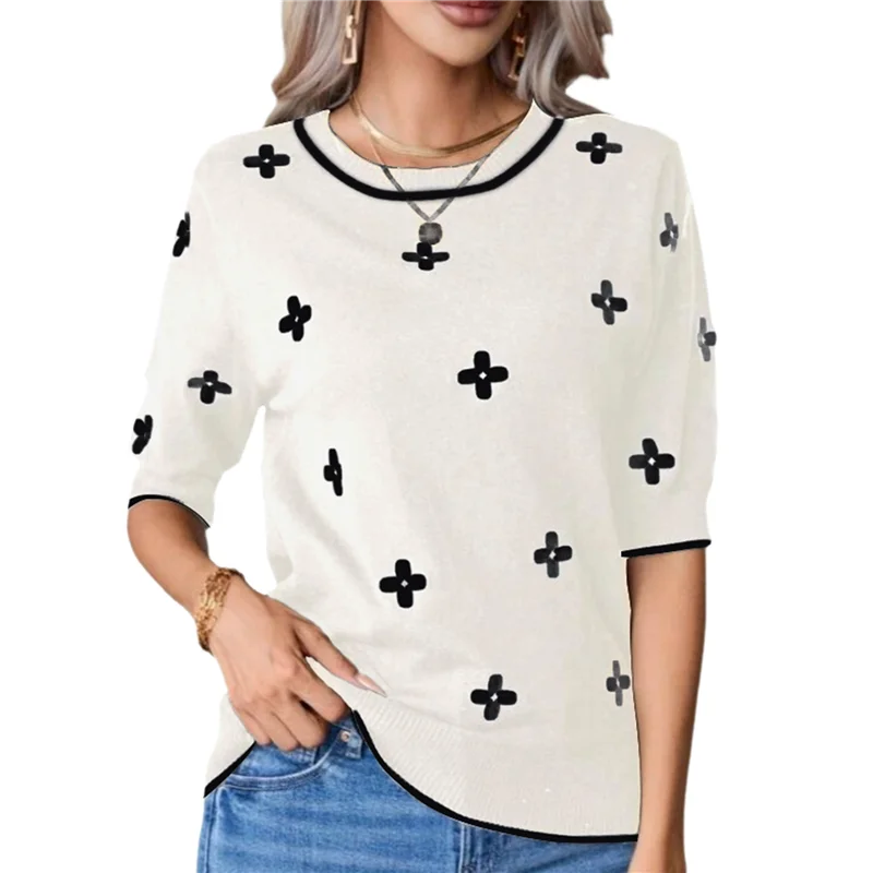 

AOAO-Womens Summer Tops Dressy Casual Short Sleeve Sweaters Crew Neck Knit Tops Loose Blouse Basic Shirts
