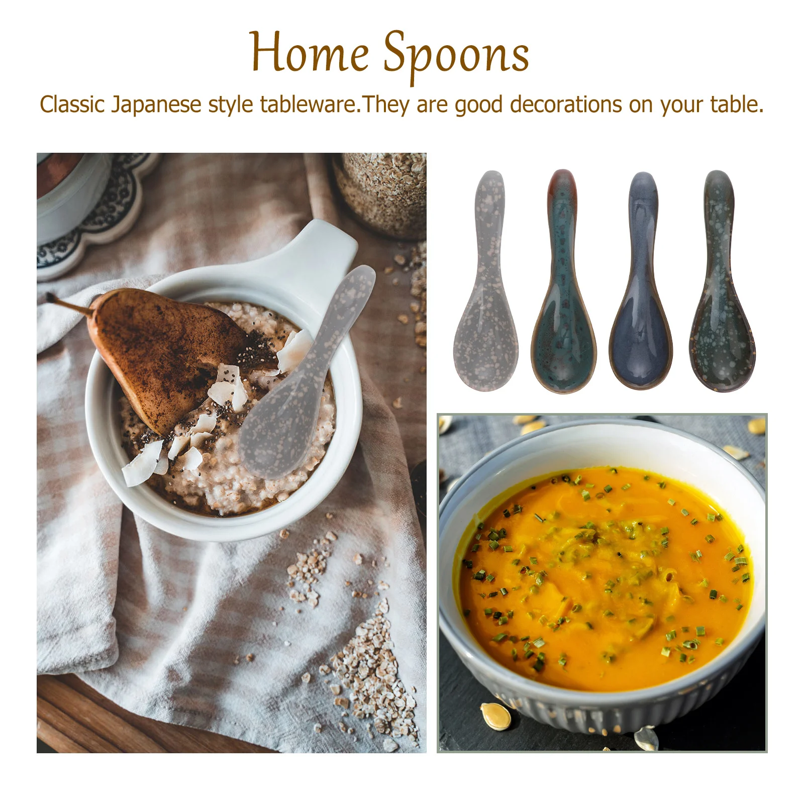 

4 Pcs Ceramic Soup Spoon Spoons Japanese Kitchen for Cooking Rice Eating Tableware Asian