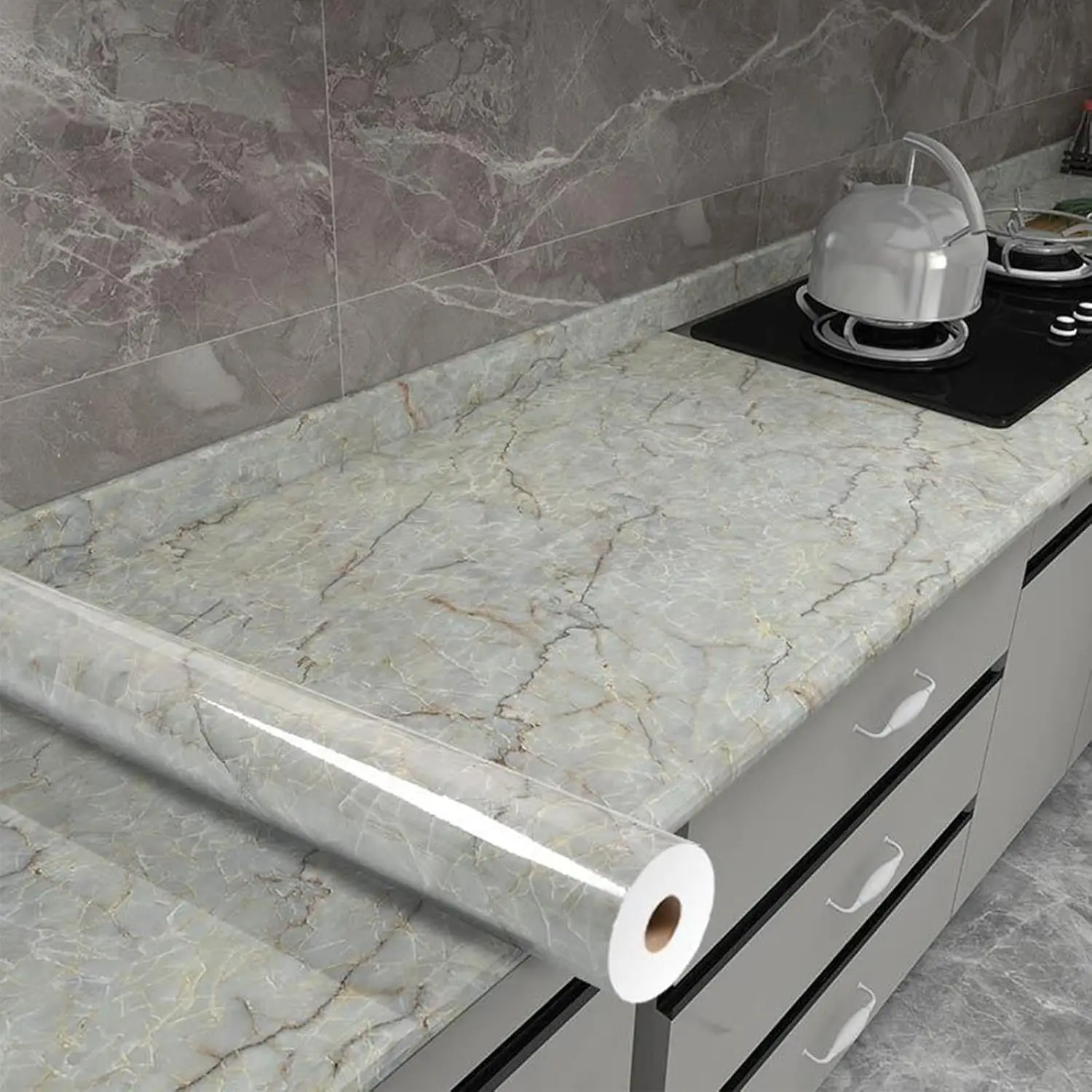 Kitchen Oil-Proof Film Stove Waterproof Moisture-Proof Wallpaper Countertop Self-Adhesiv Cabinet Renovation Tile Marble Sticker
