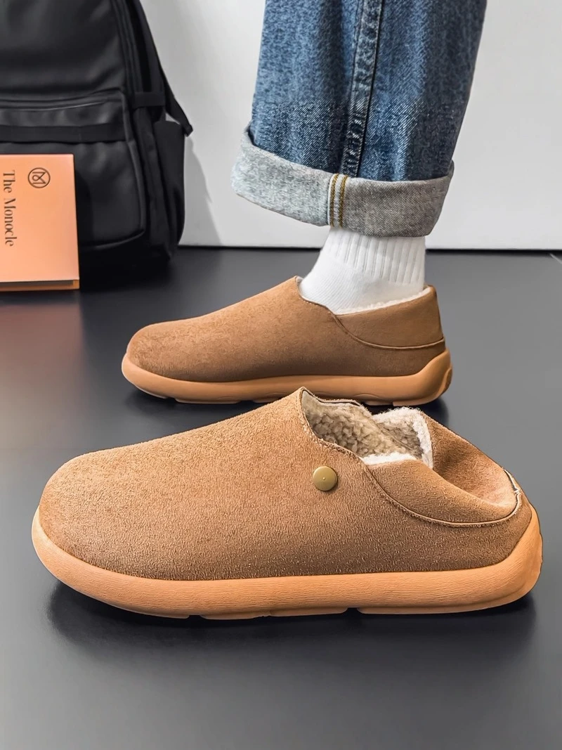 Men's Winter Slip-On Fleece Lined Cotton Slippers Outdoor Cold Resistant Anti-Slip Cotton Shoes Thick Bottom Low Heel