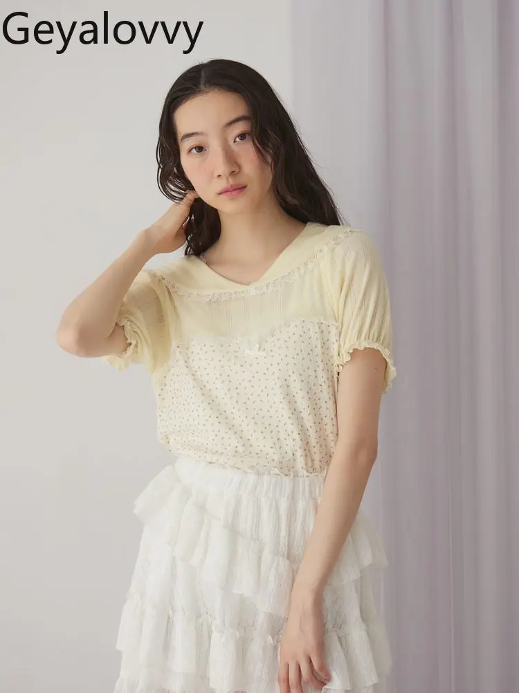 اليابانية الصيف جديد الحلو ولطيف الأزهار البحرية طوق قصيرة الأكمام تي شيرت تنوعا الدانتيل الربط المطبوعة محبوك القمم #3