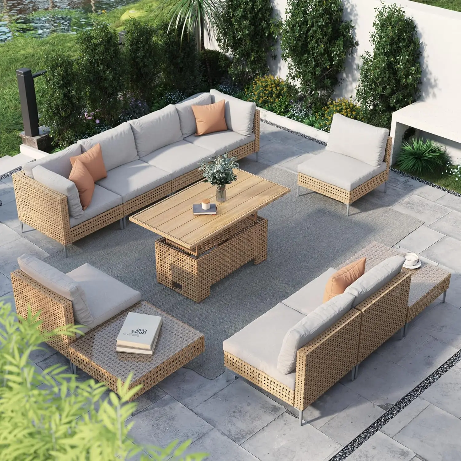 11-Piece Wicker Patio Furniture Set with Lift Top Coffee Storage Table,Sectional Sofa with Water Resistant Thick Cushions, Beige