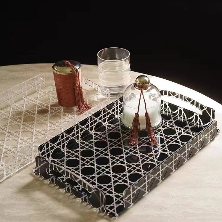 New French rattan plaid tray rectangular acrylic desktop tea cup storage tray light luxury high-end storage