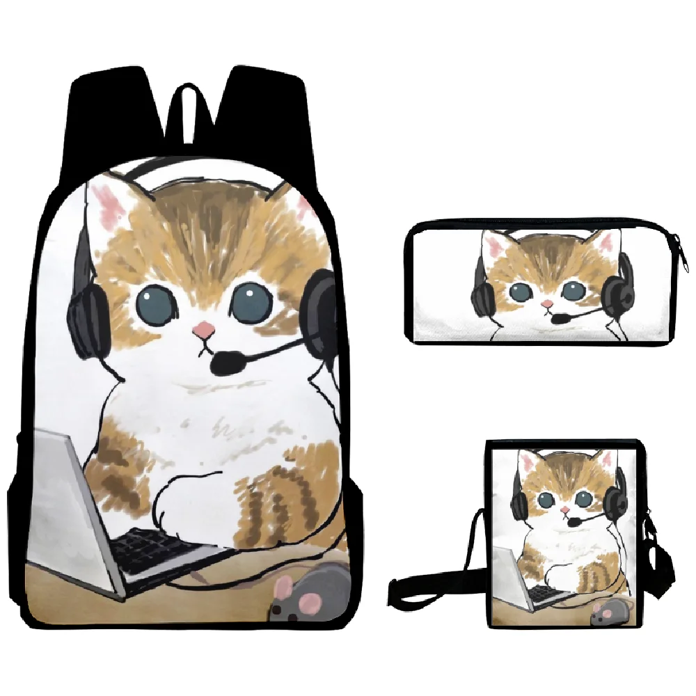 Mochila Harajuku con estampado 3D de gato de trabajo, bolso de hombro para ordenador portátil, estuche para lápices, novedad, Juego de 3 unidades