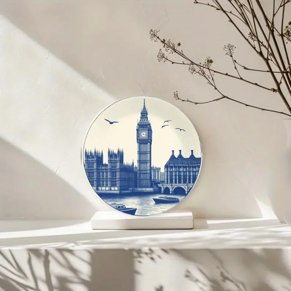 Christmas 1pc 8-Inch Hand-Painted Ceramic Round Plate, Blue Floral Print Design with Chinese Blue and White Porcelain Elements,