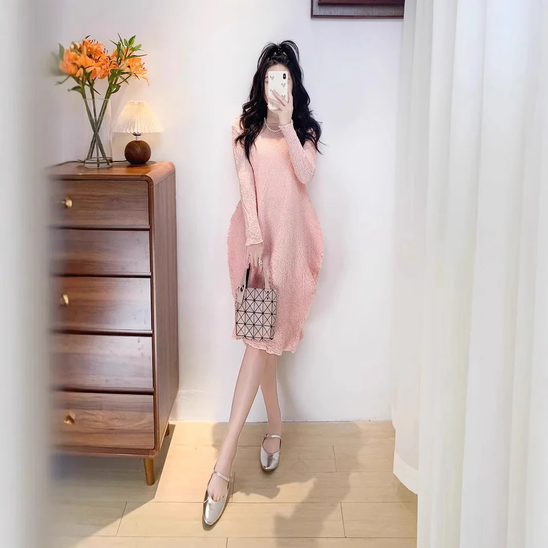 

Loose Temperament Elegant Skirt Long-sleeved Round Neck Solid Colour Pleated Women's Dress Miyake 2025 Spring and Summer New