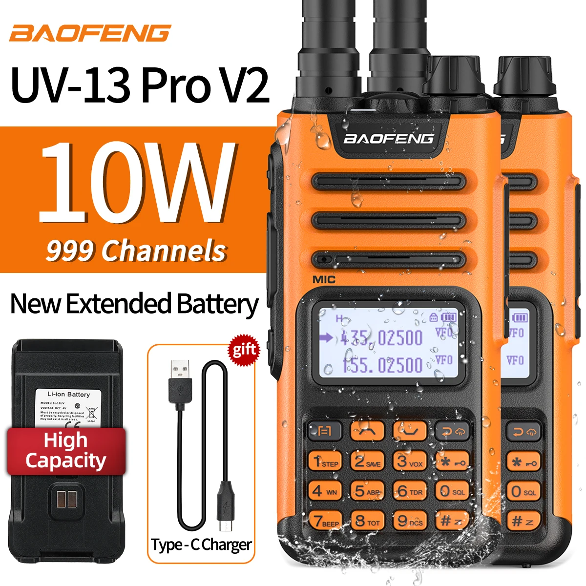 

2PCS Baofeng UV-13 PRO V2 10W Walkie Talkie 999CH 136-174/400-520MHz Type-C Charger Extend Battery UV-5R 10R Two Way Radio