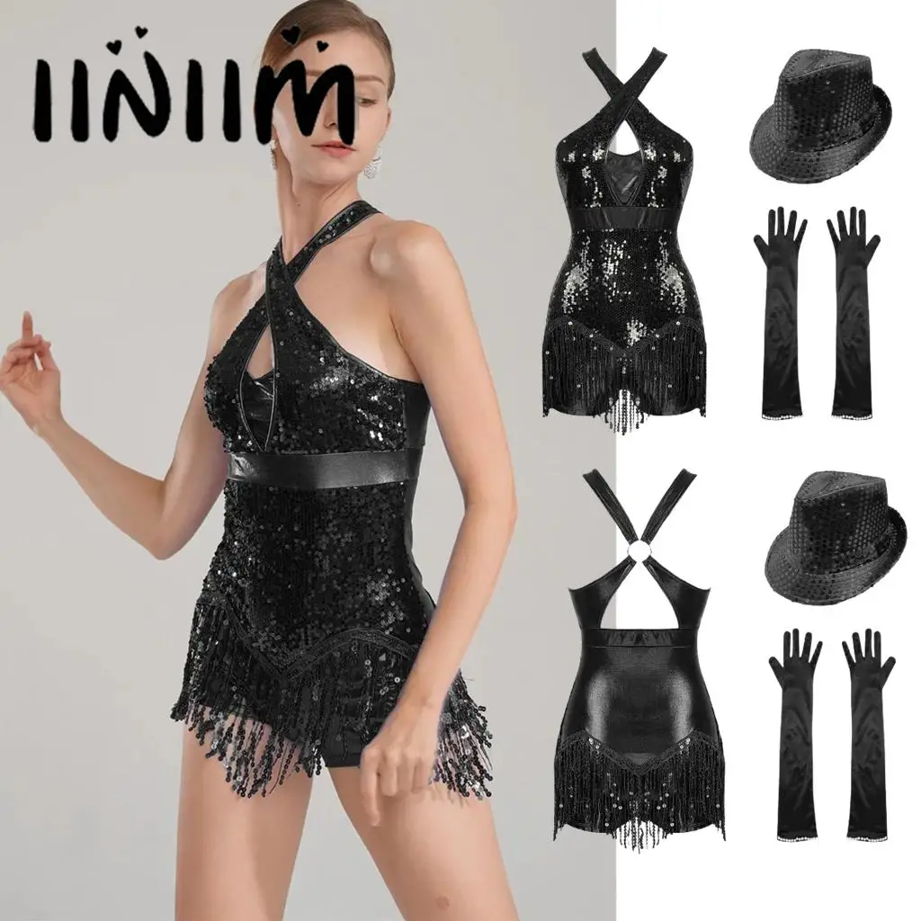 

Women Latin Jazz Dance Performance Costume Fringed Leotard with Gloves Hat Stage Competition Performance Dance Outfits 4Types