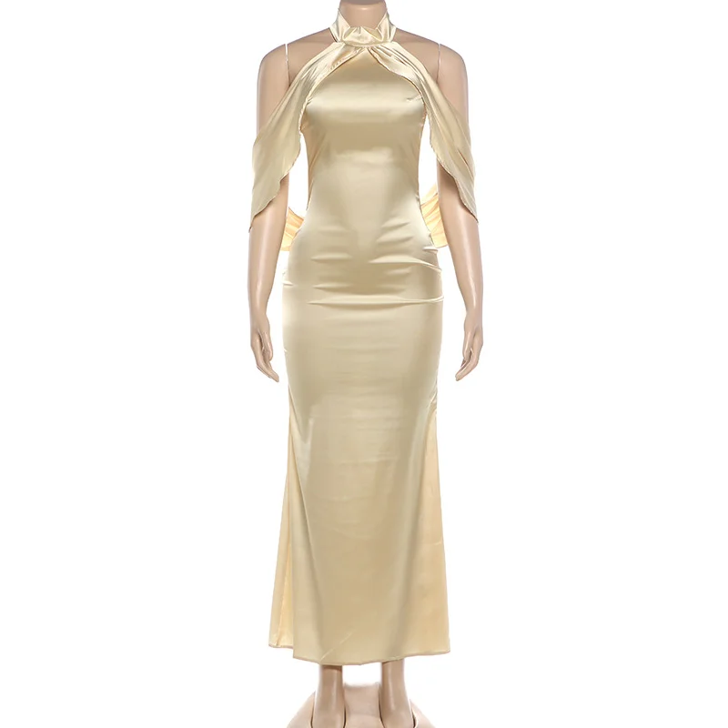 Women Champagne Halter Maxi Dress Cold Shoulder Draped Sleeve Backless Solid Slim Long Formal Wedding Guest Evening Party Gown