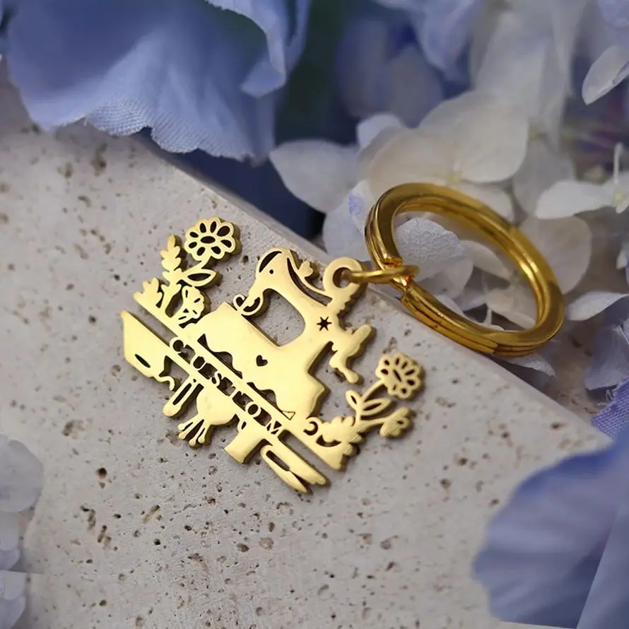 Flower Leaf Sewing Machine Tool Pendant Keychains for Women Men Custom Name Keyring Holder Jewelry Handicraft Enthusiast Gift