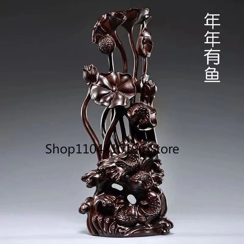 Ebony Wood Fish Lotus Figurine 15cm Hand Carved Home Decor Gift Ornament