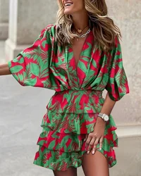 Women's Holiday Dress Bat Sleeve Multi-Layer Ruffled Hem V-Neck Tucked Waist Hem Irregular Summer Print Beach Women's Mini Dress