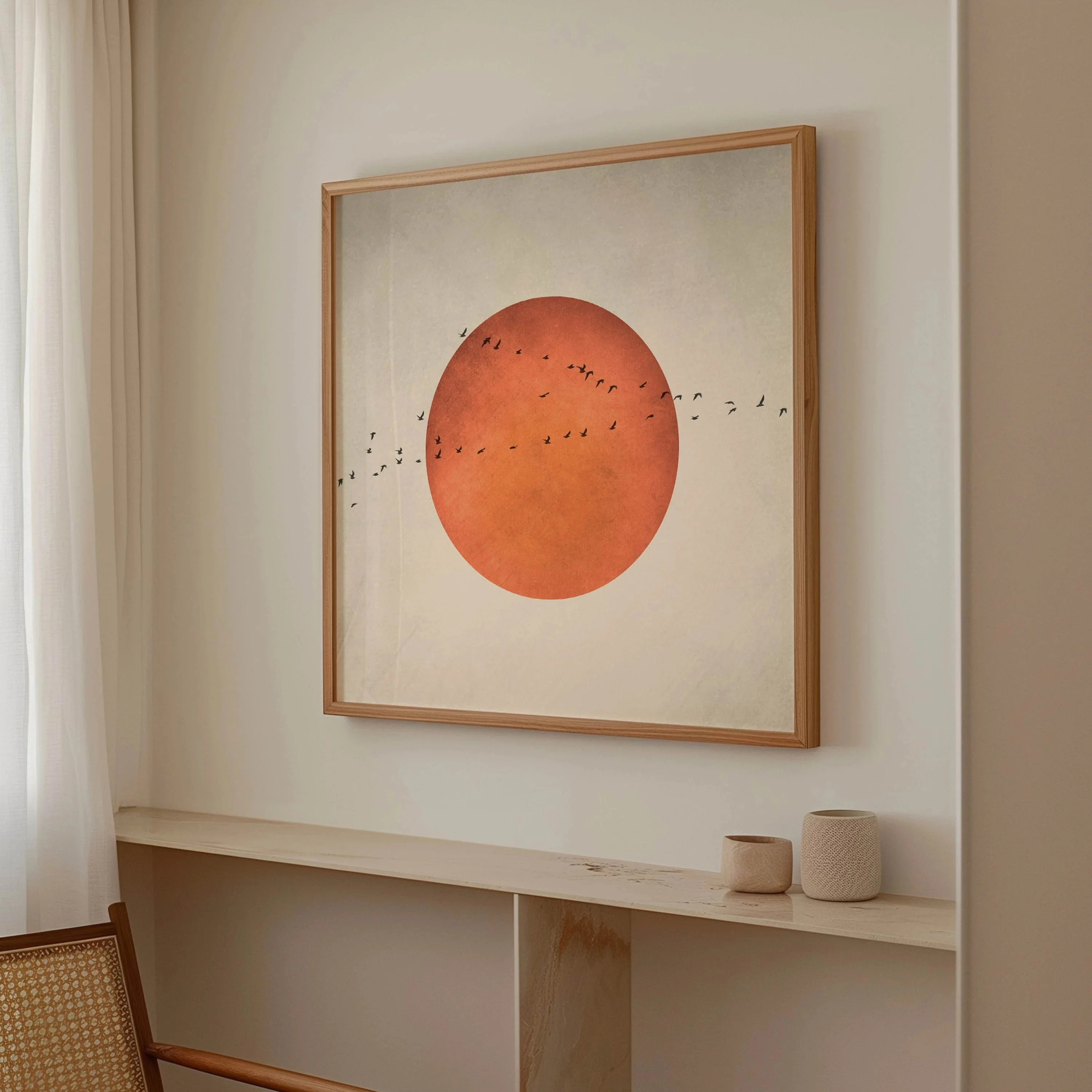 1 Stück minimalistische Blutmond- und Vogel-Wandkunst im japanischen Stil, abstrakter Landschaftsquadratdruck für Wohnzimmerdekoration, Heimdekoration