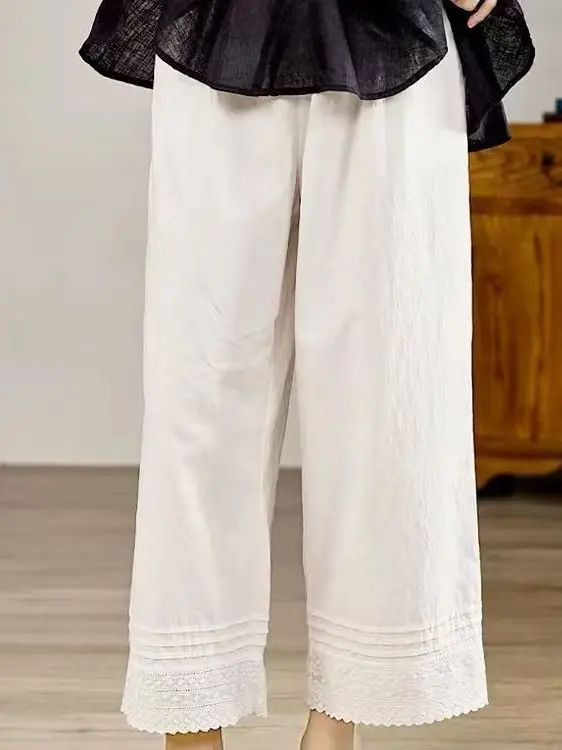 

Summer Casual Hollow out Lace Wide Leg Pants Loose Elastic Waist Lightweight Color Nine Points Trousers for plus Size W...