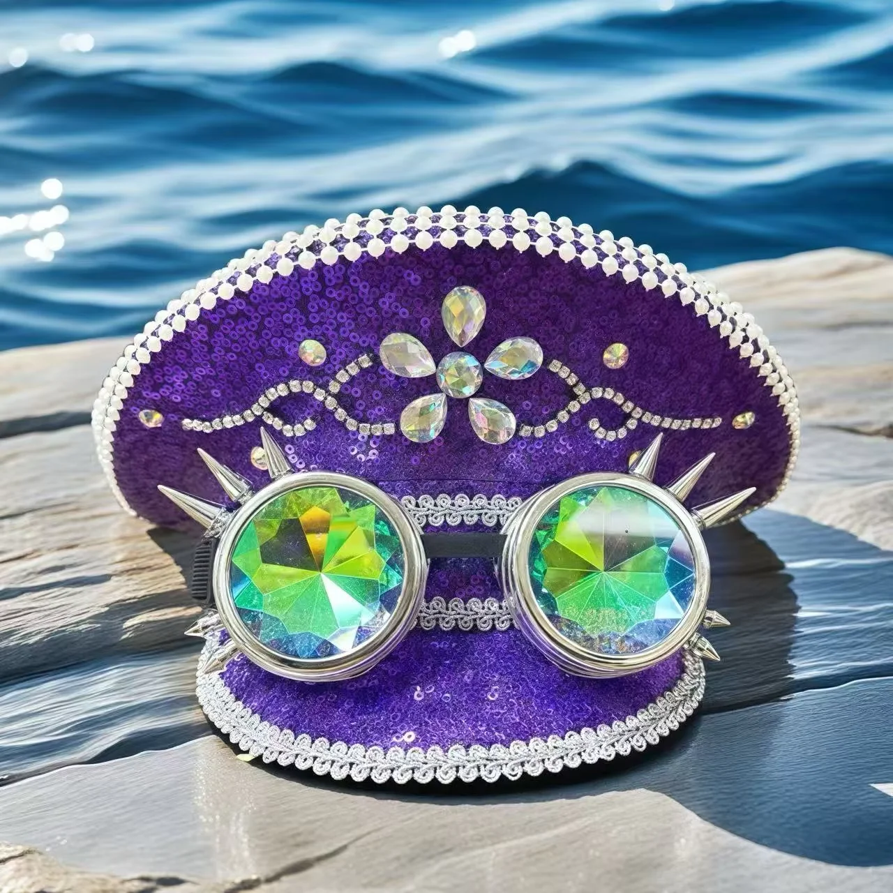 

Violet Steampunk Captain Hat Rhinestone with Goggles for Burning Man Festival Woman, Military Accessories & Cap for Man